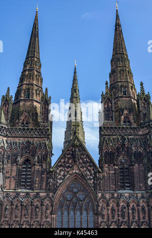 Lichfield Cathedral is situated in Lichfield, Staffordshire, England. It is the only medieval English cathedral with three spires Stock Photo