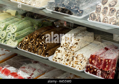 Market stall shop selling Colourful Turkish Delight in Side Turkey Stock Photo