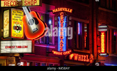 Neon signs on Broadway Street in Nashville, Tennessee at night Stock Photo