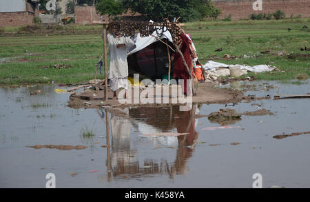 Lahore, Pakistan. 05th Sep, 2017. Gypsy family hang strips of salted meat collected from different places preserve for longer time to use during the Muslims Eid al-Adha or Festival of Sacrifice. Credit: Rana Sajid Hussain/Pacific Press/Alamy Live News Stock Photo