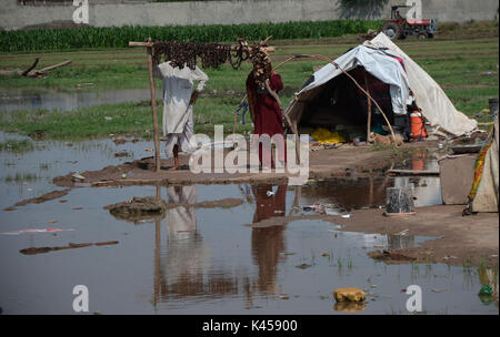 Lahore, Pakistan. 05th Sep, 2017. Gypsy family hang strips of salted meat collected from different places preserve for longer time to use during the Muslims Eid al-Adha or Festival of Sacrifice. Credit: Rana Sajid Hussain/Pacific Press/Alamy Live News Stock Photo