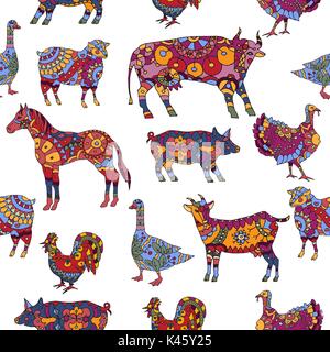 Seamless pattern based on farm animals decorated in ethnic style. Stock Vector