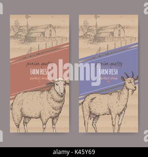 Two simple farm shop labels with farmhouse, barn, sheep and goat. Stock Vector