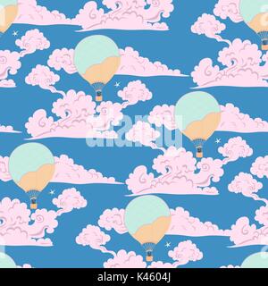 A seamless pattern with air balloons,  drifting among the clouds and a person looking into the telescope at the morning star. Vector illustration. Stock Vector