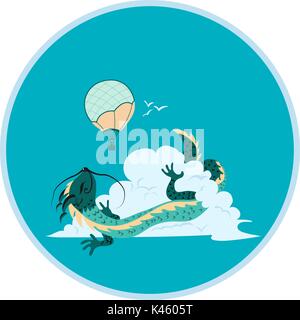 A print with an Asian dragon hiding inside the puffy cloud and watching at air balloon with a person inside, looking into the telescope. Stock Vector