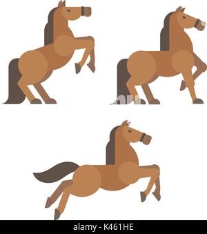 Horse poses flat illustration. Brown horse rearing, standing, running poses Stock Vector