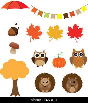 Vector illustration of cute animals set,bear, hedgehog, squirrel, owl. Autumn elements. Bunting, umbrella, tree, leaf, pumpkin. Stock Vector