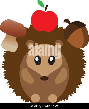 vector illustration of a cute hedgehog with apple, mushroom, acorn Stock Vector