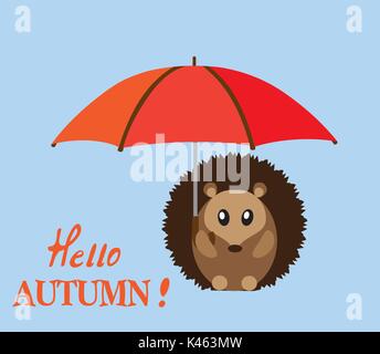Vector illustration of a cute hedgehog with umbrella. hello autumn. Stock Vector