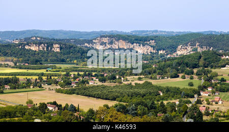 High angle view of the rock formation of La Roque-Gageac, seen from the hilltop town of Domme in Nouvelle-Aquitaine, South West France Stock Photo