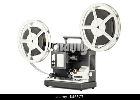 cinema projector with movie reels on the wooden floor. 3D