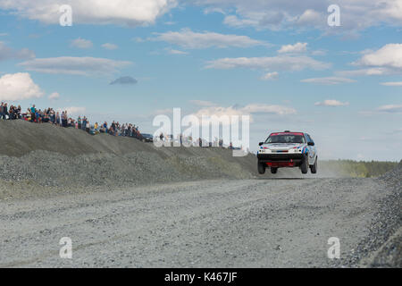 Asbestos, Russia August 5, 2017 - Final 6th stage of the Russian Rally Championship 2017, car Lada 2108, driver Dudenkov, starting number 18 Stock Photo