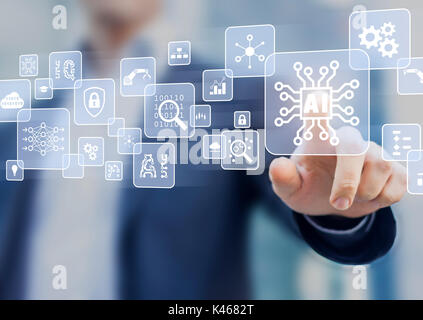 Artificial Intelligence (AI), machine learning and data mining technology icons on a virtual interface with a person touching a button with electronic Stock Photo