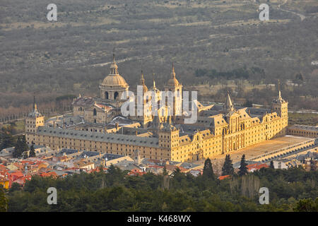 Royal Site of San Lorenzo of El Escorial seen from the Abantos lookout point. Madrid province, Spain.
