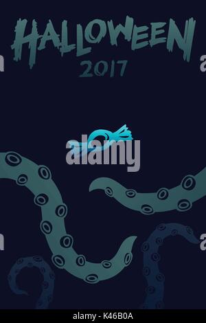 Halloween 2017 background template set, kraken monster tentacles with toffee candy concept design and halloween 2017 text illustration isolated on dar Stock Vector
