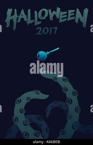 Halloween 2017 background template set, kraken monster tentacles with lollipops candy concept design and halloween 2017 text illustration isolated on  Stock Vector