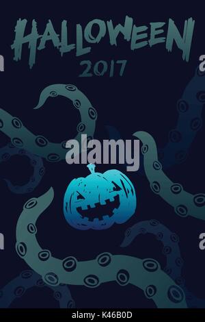 Halloween 2017 background template set, kraken monster tentacles with pumpkin concept design and halloween 2017 text illustration isolated on dark blu Stock Vector