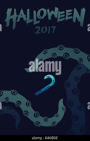 Halloween 2017 background template set, kraken monster tentacles with candy sticks concept design and halloween 2017 text illustration isolated on dar Stock Vector