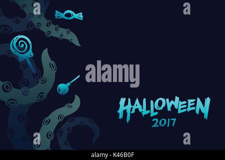 Halloween 2017 background template set, kraken monster tentacles with candy concept design and halloween 2017 text illustration isolated on dark blue  Stock Vector
