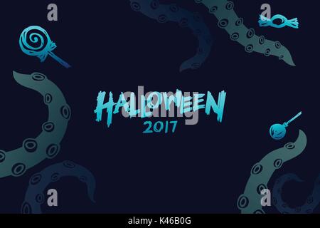 Halloween 2017 background template set, kraken monster tentacles with candy concept design and halloween 2017 text illustration isolated on dark blue  Stock Vector