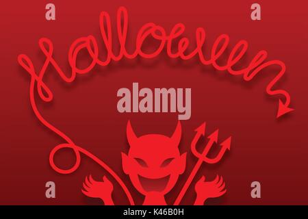 Devil monster with fork concept design and halloween text made from tail illustration isolated on red gradient background, with copy space Stock Vector