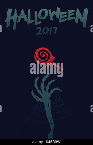 Halloween 2017 background template set, skeleton monster hand with lollipops candy concept design and halloween 2017 text illustration isolated on dar Stock Vector
