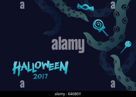 Halloween 2017 background template set, kraken monster tentacles with candy concept design and halloween 2017 text illustration isolated on dark blue  Stock Vector