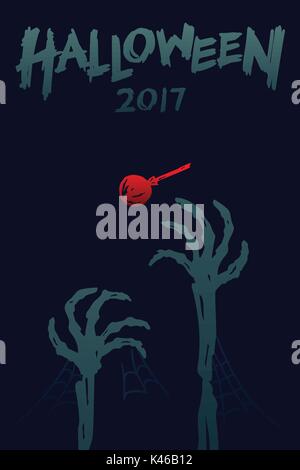 Halloween 2017 background template set, skeleton monster hand with lollipops candy concept design and halloween 2017 text illustration isolated on dar Stock Vector