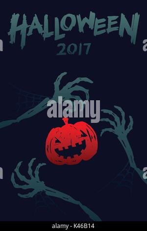 Halloween 2017 background template set, skeleton monster hand with pumpkin concept design and halloween 2017 text illustration isolated on dark blue b Stock Vector