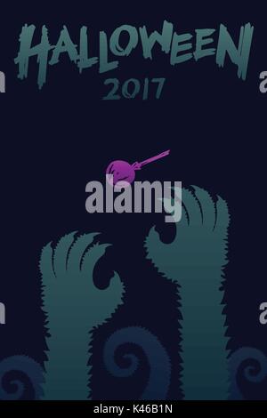 Halloween 2017 background template set, werewolves monster hand with lollipops candy concept design and halloween 2017 text illustration isolated on d Stock Vector