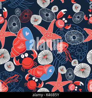 Seamless graphic marine pattern enamored crabs and stars on a dark background Stock Vector