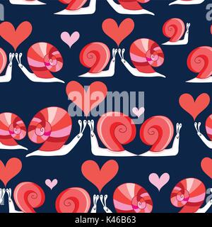 Seamless bright pattern of loving snails with hearts on a dark background Stock Vector
