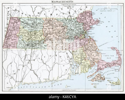 Antique map, circa 1875, of Massachusetts Stock Photo