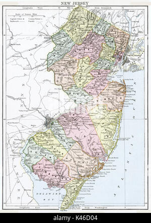 Antique map, circa 1875, of New Jersey Stock Photo