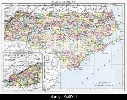 Antique map, circa 1875, of North Carolina Stock Photo