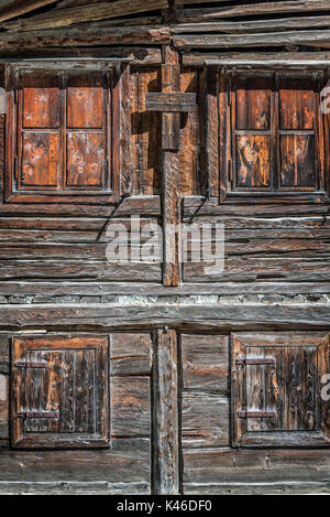 Old wooden  house background, alpine architecture, Aosta Valley, the Alps, Italy Stock Photo