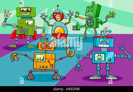 Cartoon Illustration of Funny Dancing Robots Science Fiction Characters Group Stock Vector