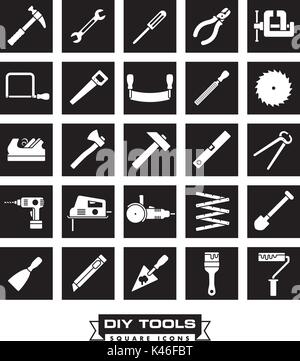 Collection of DIY and crafting tool vector icons in black squares Stock Vector
