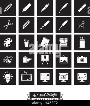 Collection of 25 square black art and design related vector icons Stock Vector