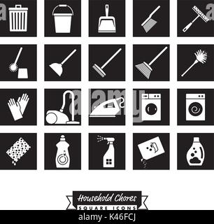 Collection of 20 Household Chores square black Icons Stock Vector