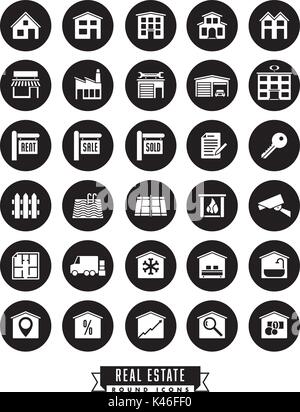 Collection of real estate round black icons on white background Stock Vector