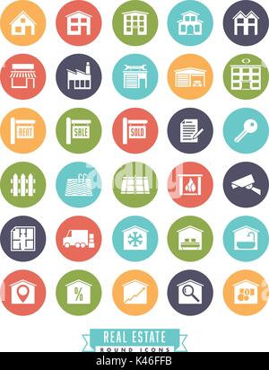 Collection of real estate round color icons on white background Stock Vector