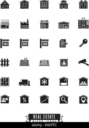 Collection of real estate glyph icons on white background Stock Vector