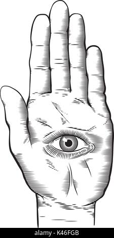 Vector illustration of mystic Hamsa all-seeing eye in hand symbol. Vintage engraved style drawing. Stock Vector