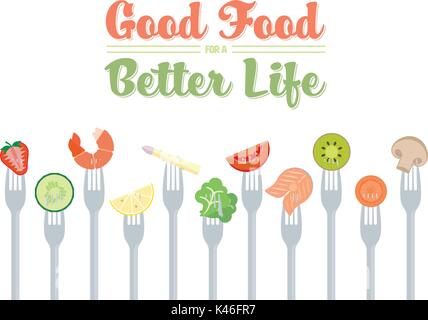 Healthy nutrition and diet concept. Seafood, fruit and vegetables on forks flat design illustration Stock Vector