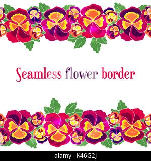 Vector seamless floral border. Design for wedding invitation, flower shop and beauty salons. Bright pansies on white background Stock Vector