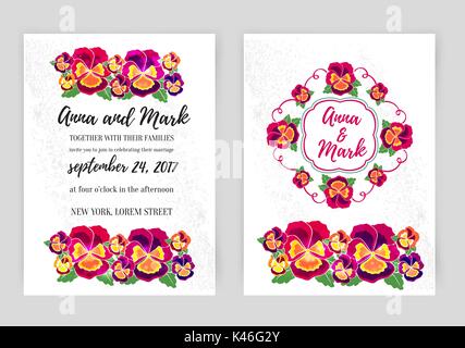 Vector set of floral wedding invitations. Design for  invitation, flower shop and beauty salons. Bright pansies on a white background Stock Vector