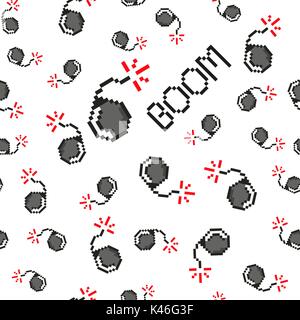 Pixel art vector objects to create Fashion seamless pattern. Background with bombs, boom for boys. trendy 80s-90s   style Stock Vector