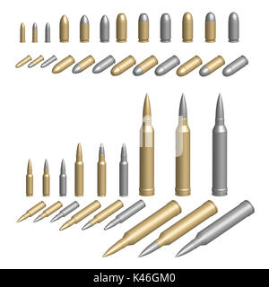 Variety of bullets illustrated in brass silver or steel casings Stock Photo