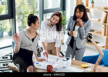 Multiethnic group of young businesswomen working with blueprint and drinking coffee in office Stock Photo